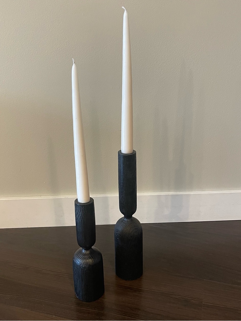 Crate&Barrel Black Wooden Taper Candle Holders, Pair